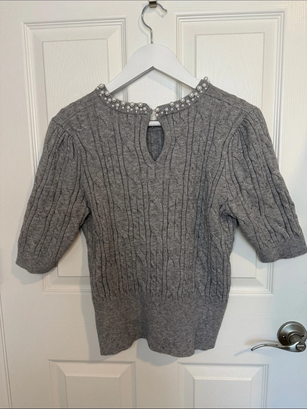 Adrianna Papell Gray Pearl-Embellished Cable Knit Sweater size L